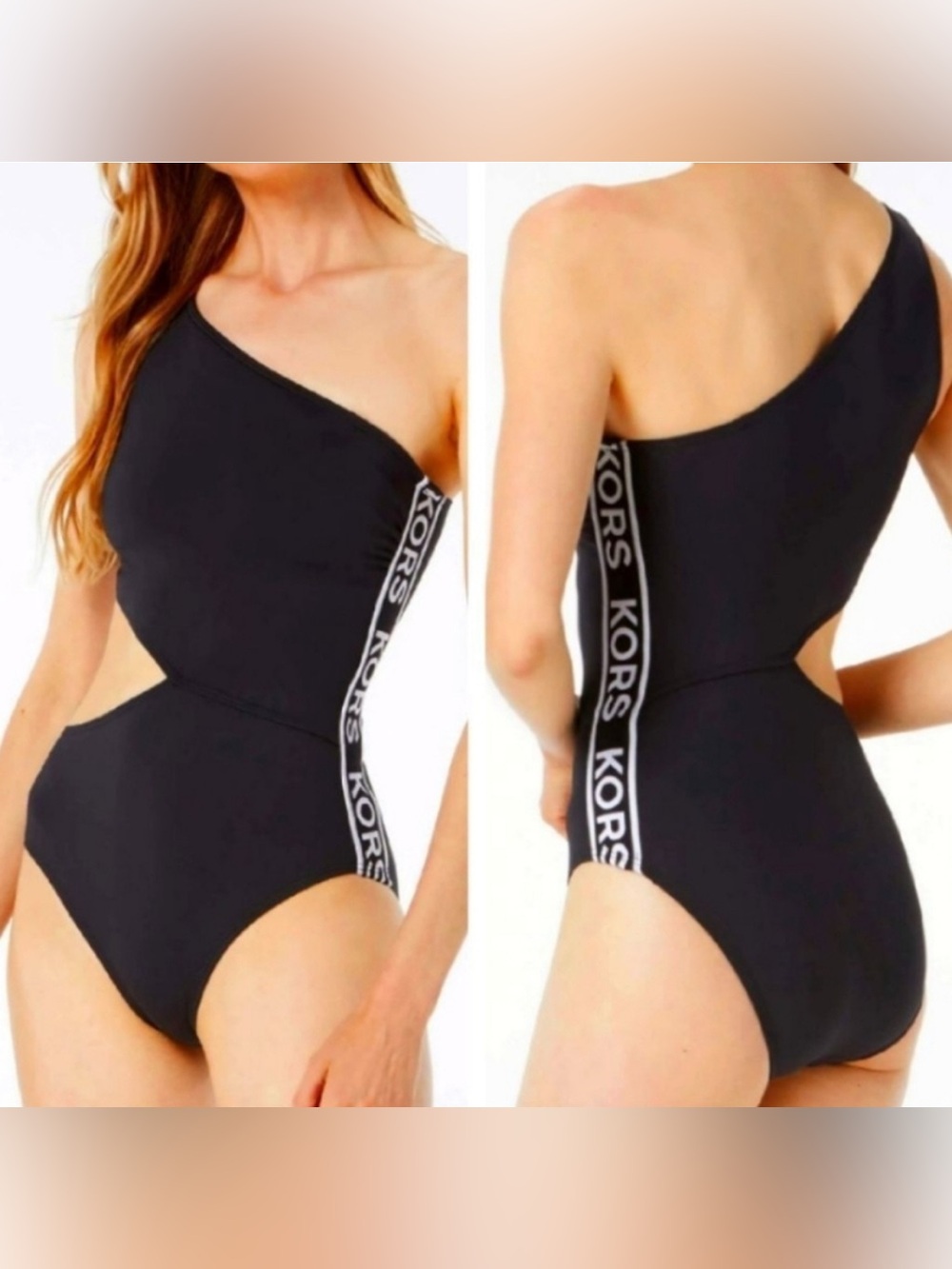 Michael Kors Black One-Shoulder Logo-Trim Swimsuit